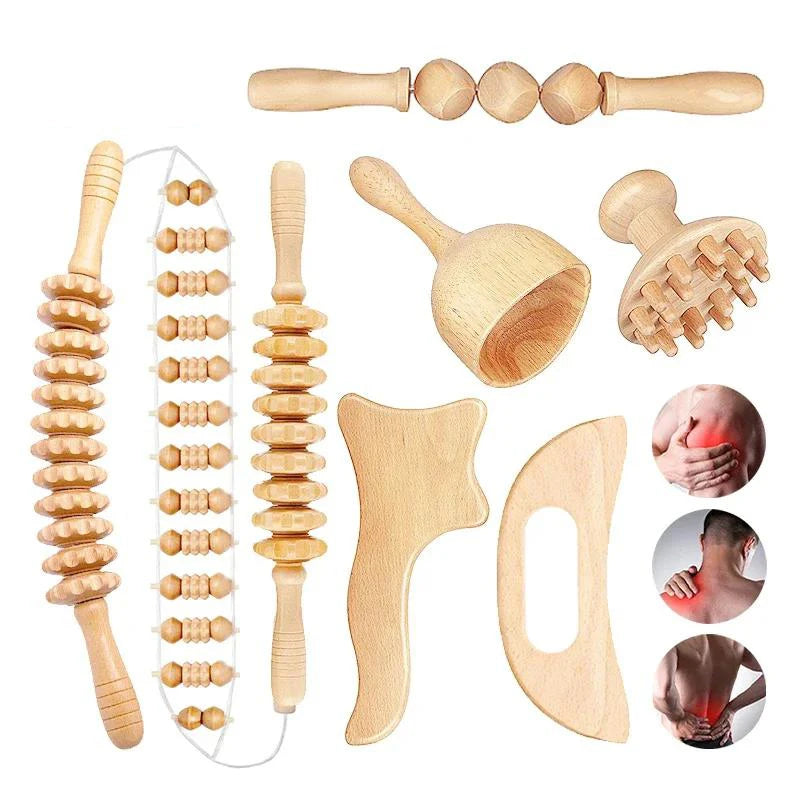 LuxLure™ Wooden Massage Roller Lymphatic Drainage Massage Scraping Whole Body Pain Relief Tool Anti Cellulitis Facial Massage